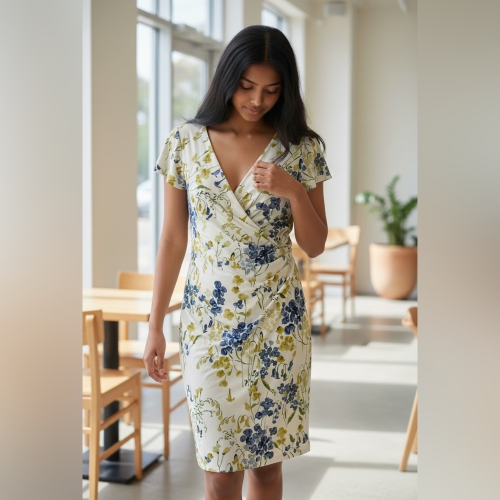 Petite wrap dress Ralph Lauren 12P cream and blue wrap fit dress.